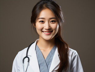 Portrait of friendly female doctor in workwear with stethoscope on neck