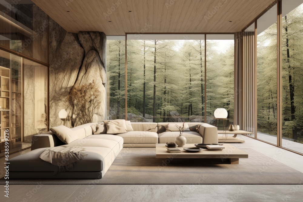 Poster an open concept living room with a large window generative ai