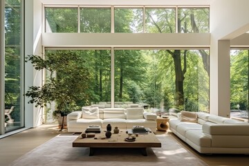 the white living room has several windows and plenty of trees Generative Ai - obrazy, fototapety, plakaty