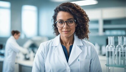 Medical science laboratory with team of specialists and young woman scientist wearing white coat and glasses copyspace