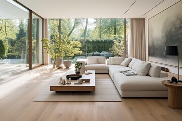 Fototapeta premium modern living room, large windows, hardwood flooring, white decor and floor Generative AI