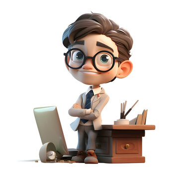 3D Render of a boy with glasses and a computer on a white background