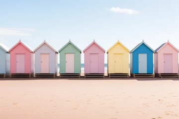 Obraz na płótnie Canvas A row of traditional pastel coloured beach huts. Generative AI