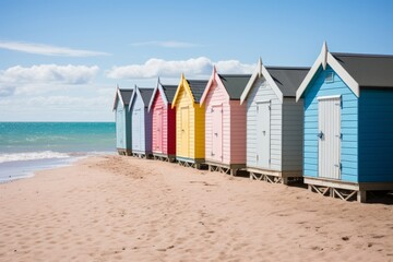 Fototapeta na wymiar A row of traditional pastel coloured beach huts. Generative AI