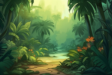Wild jungle, rainforest. Cartoon background illustration.