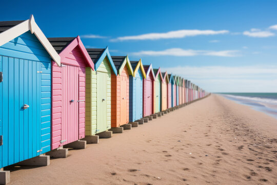 A row of traditional pastel coloured beach huts. Generative AI
