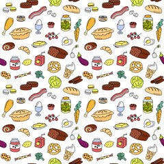 Food seamless pattern. Colorful doodle meal elements on white background. Cute repeat outline illustration with fruits, vegetables, bread, meat and grocery products