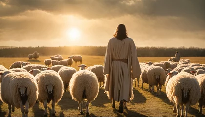 Fototapeten Jesus Christ the shepherd leading sheep and praying to God in a field with bright sunlight © ibreakstock