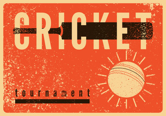 Cricket tournament typographical vintage grunge style poster design. Retro vector illustration.