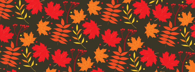 Vector drawing autumn leaves, baner template, warm colors, design elements.