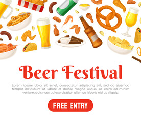 Beer Festival Banner Design with Snack and Alcoholic Drink Vector Template