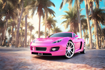 pink sport car  the background of the beach with palm trees - obrazy, fototapety, plakaty