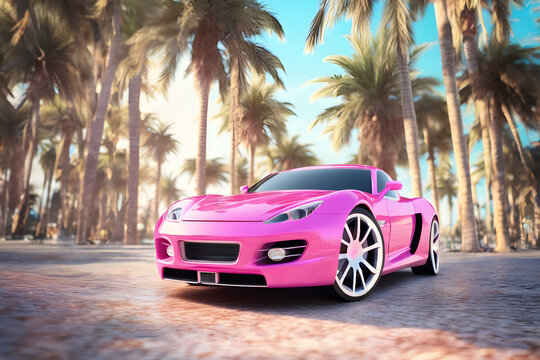 pink sport car  the background of the beach with palm trees