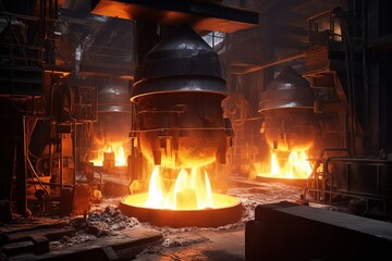 Furnace in a metal foundry pouring out tons of molten metal