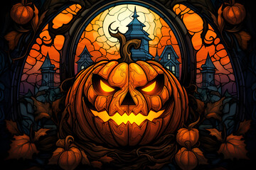 Stained glass Halloween pumpkin, jack-o-lantern 1