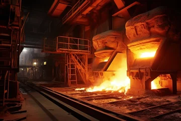 Rolgordijnen Furnace in a metal foundry pouring out tons of molten metal © Daniel Jędzura