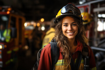 Portrait of a firefighter woman at the firetruck in the station.