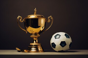Fototapeta premium Large cup and soccer ball, a football trophy on the stadium