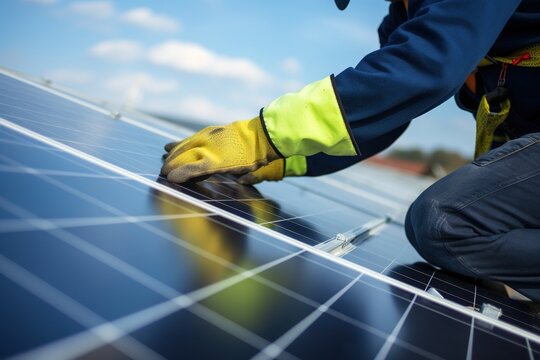 Technician installs photovoltaic solar panels on the roof