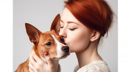 red haired young woman hugging and kissing her dog puppy