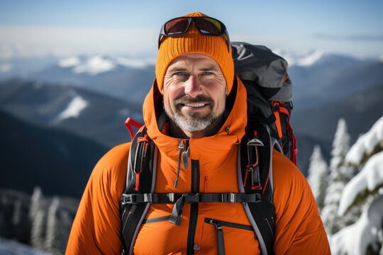 A man in an orange jacket and ski gear, AI