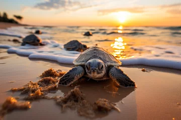 Tuinposter Beach with hatching sea turtles  © fotogurmespb