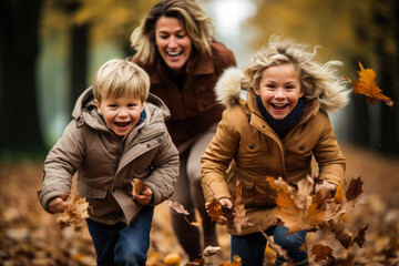 Naklejka na ściany i meble Family playing in fallen leaves 