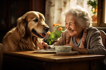 Grandmother feeding family pet 