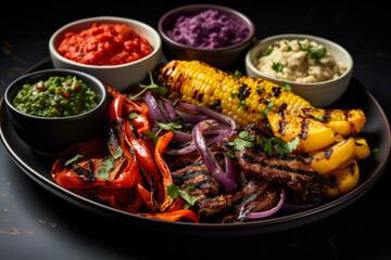 Grilled food with colorful sides 