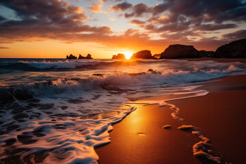 Serene beach sunset with golden hues 