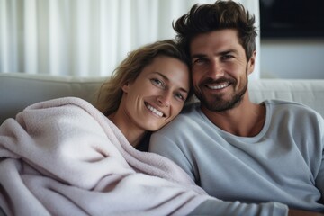 Fototapeta premium A young, happy couple sitting on a soft gray couch
