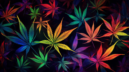 Colorful pattern of marijuana leaves. Psychedelic colors. Weed leaves in orange, yellow, green, purple and red. Generative AI.