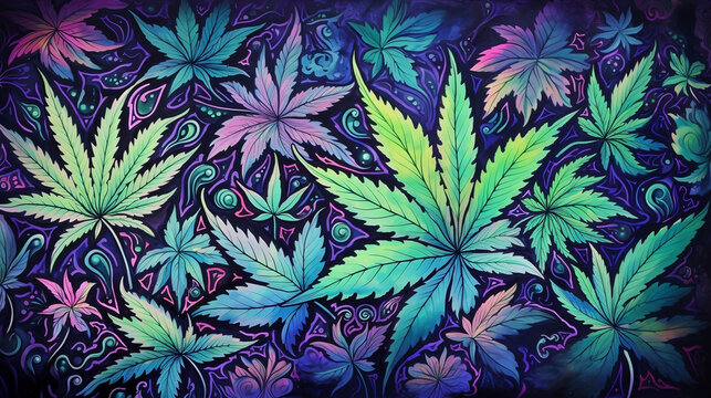 Colorful pattern of marijuana leaves. Psychedelic and neon colors. Weed leaves in orange, yellow, green, purple and red. Generative AI.