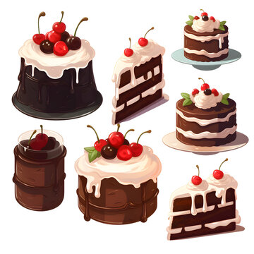 Set of chocolate cakes with cherries. Vector illustration isolated on white background.