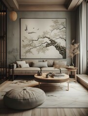 modern living room design with neutral furnishings, in the style of influenced by ancient chinese art, matte photo, matte drawing, japanese-inspired, sabattier filter, naturalist aesthetic, flat, li - obrazy, fototapety, plakaty