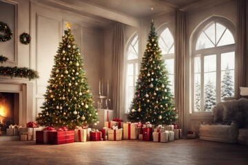Fototapeta na wymiar concept art christmas background with christmas tree with copy space. Christmas and new year concept. Christmas tree decorations