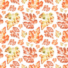 Linden leaf fall watercolor seamless pattern. Digital paper. Linden yellow, orange leaves. Autumn, September, October, November. Nature. For printing on fabric, textile, wrapping paper