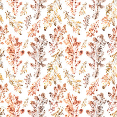 Oak leaf fall watercolor seamless pattern. Digital paper. Oak brown leaves. Autumn, October. Nature. For printing on fabric, textile, wrapping paper.