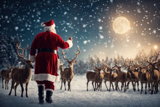 santa claus with deers riding in winter forest with snowfall flying in the sky on christmas eve at night. Cristmas and new year concept.