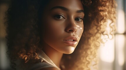 serious mixed race woman with curly hair looking at camera