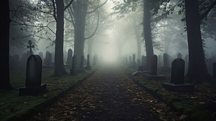 A long way in a foggy cemetery.Created using Generative AI technology. - obrazy, fototapety, plakaty