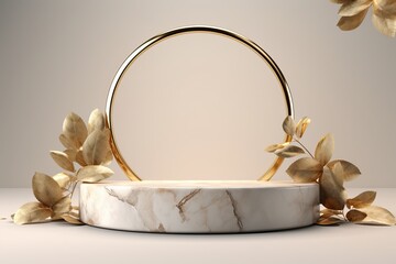 3D render of podium made of marble stone or rock with golden round frame and elements, tropical plant leaves