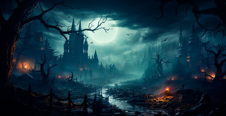 Creepy night in dark medieval castle, scary atmosphere for Halloween holiday background concept - AI generated image