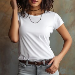 Obraz premium grey beige cream background model wearing white tshirt for mock up neck to waist in view