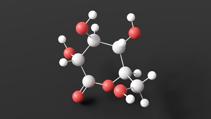 glucono delta-lactone molecule, molecular structure, food additive e575, ball and stick 3d model, structural chemical formula with colored atoms