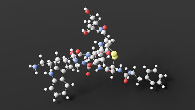 octreotide molecule, molecular structure, cyclic peptides, ball and stick 3d model, structural chemical formula with colored atoms