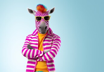 A humanized zebra in a windbreaker and goggles. Anthropomorphic stylish and elegant mammal. Portrait man with an animal face. Human characters through animals. Creative idea with a psychedelic twist.