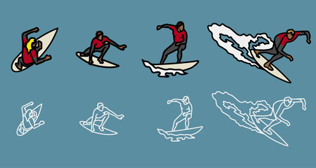 Vector surfers, surfing characters riding surfboards in competition rash vests