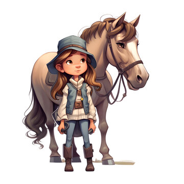Cute little girl with a horse. Cartoon character. Vector illustration.