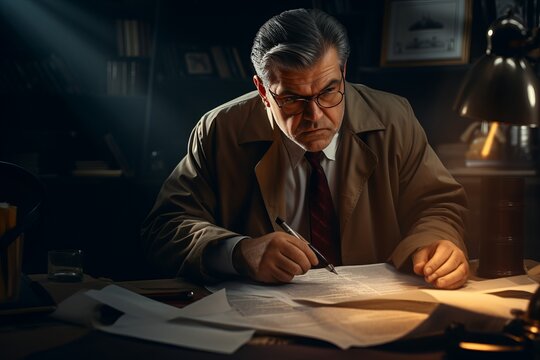 mature middle-aged caucasian man with silver hair and glasses writing with a pen in a notebook sitting in the home office library. professional creative writer or a private detective investigator